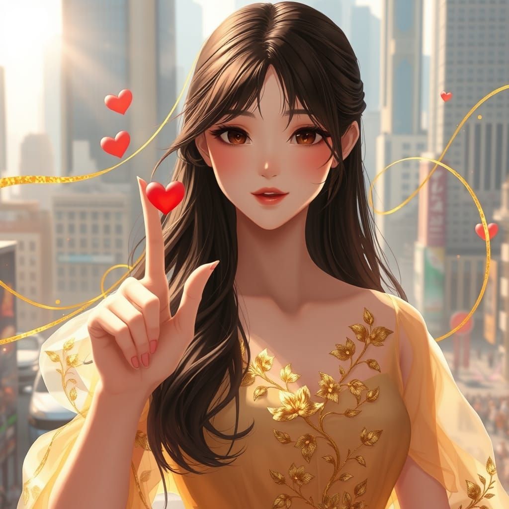 Anime Style Young Woman with Golden Dress