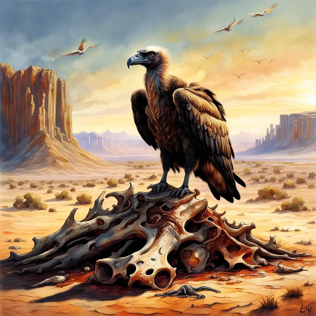 Vulture on Carcass in Desert at Golden Hour