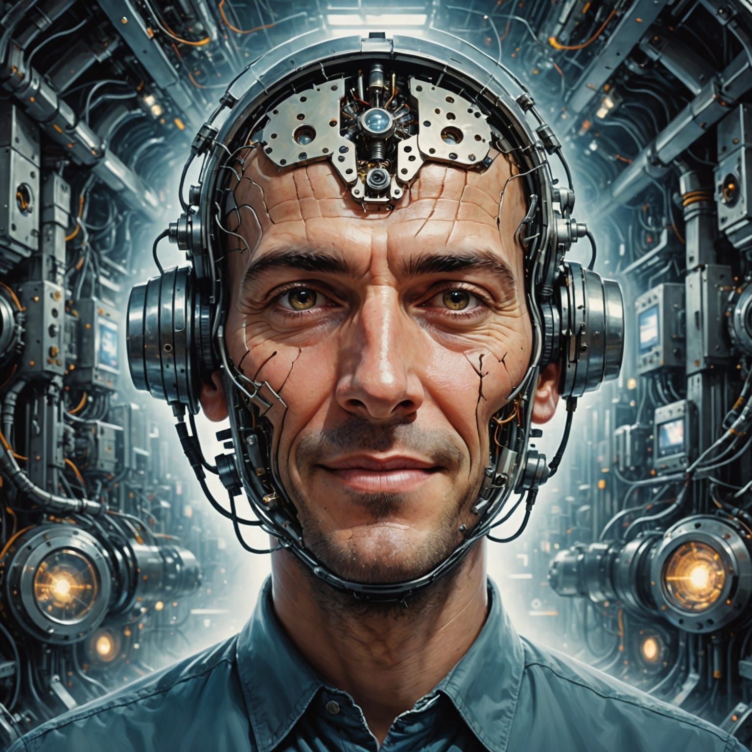 Giant Machine Head Generating Ideas in Psychedelic Style