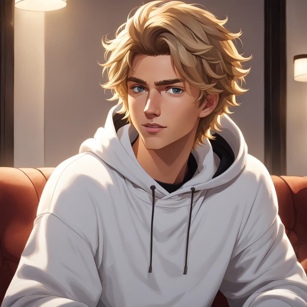 Teenage Boy with Blond Hair Sitting on Couch