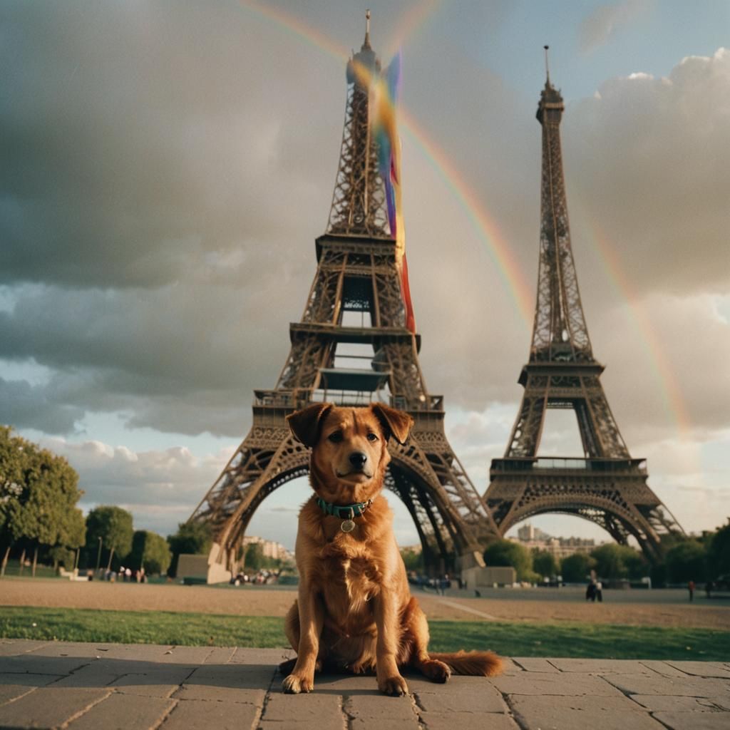Dog at Eiffel Tower Under Rainbow: Cinematic Film