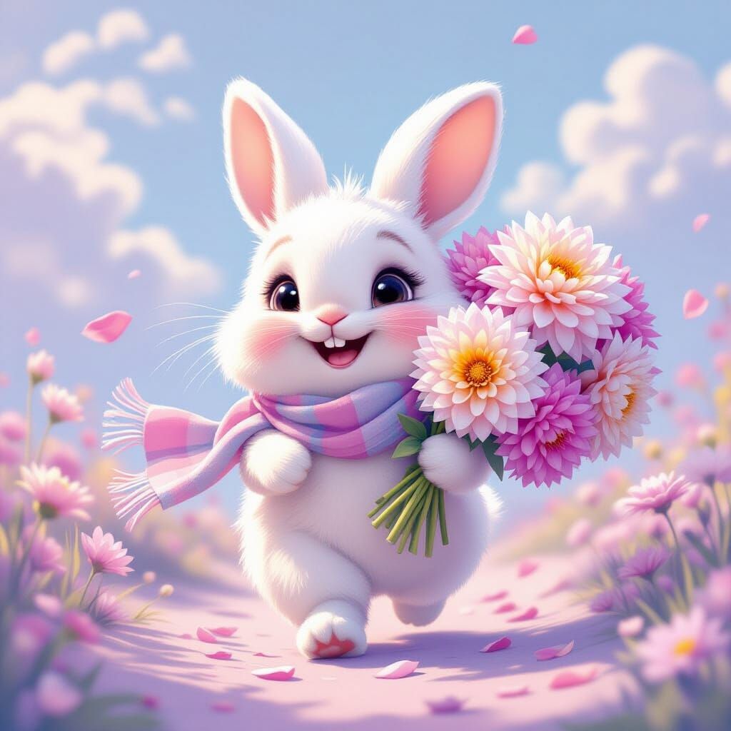 Fluffy Rabbit with Dahlias in 3D Pastel Art
