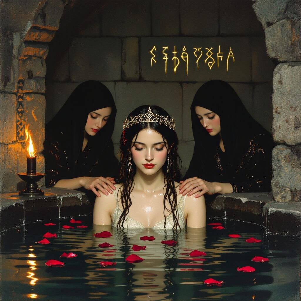 Maiden's Ritual Bath in Ancient Chamber, Dark Fantasy Style