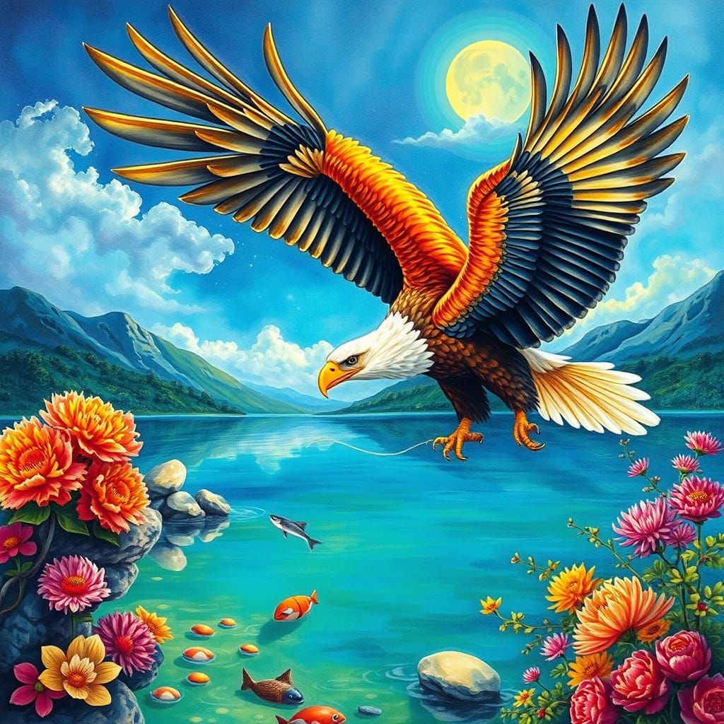 Golden Eagle Fishing in a Vibrant Wonderland