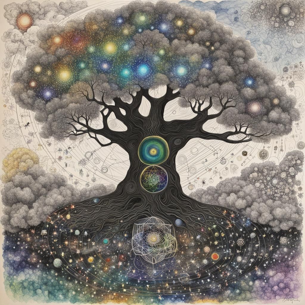 Sacred Geometry Temple: Tree of Life in Surreal Crayon Style