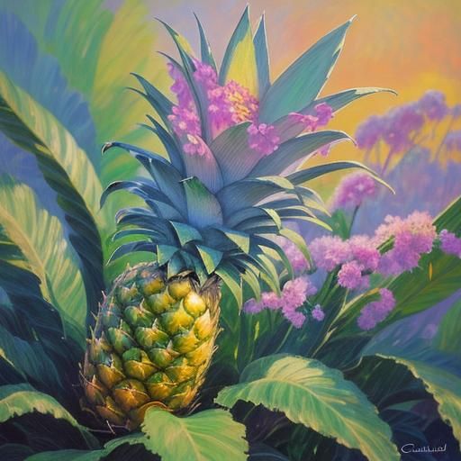 "Pointillism and oil painting style. A pineapple depicted wi...