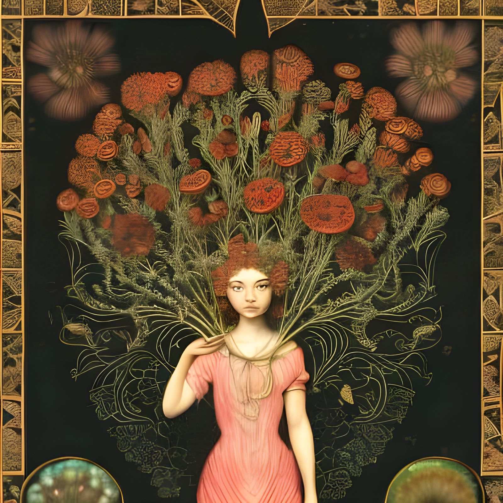 Girl with Flowers, Botanical Illustration