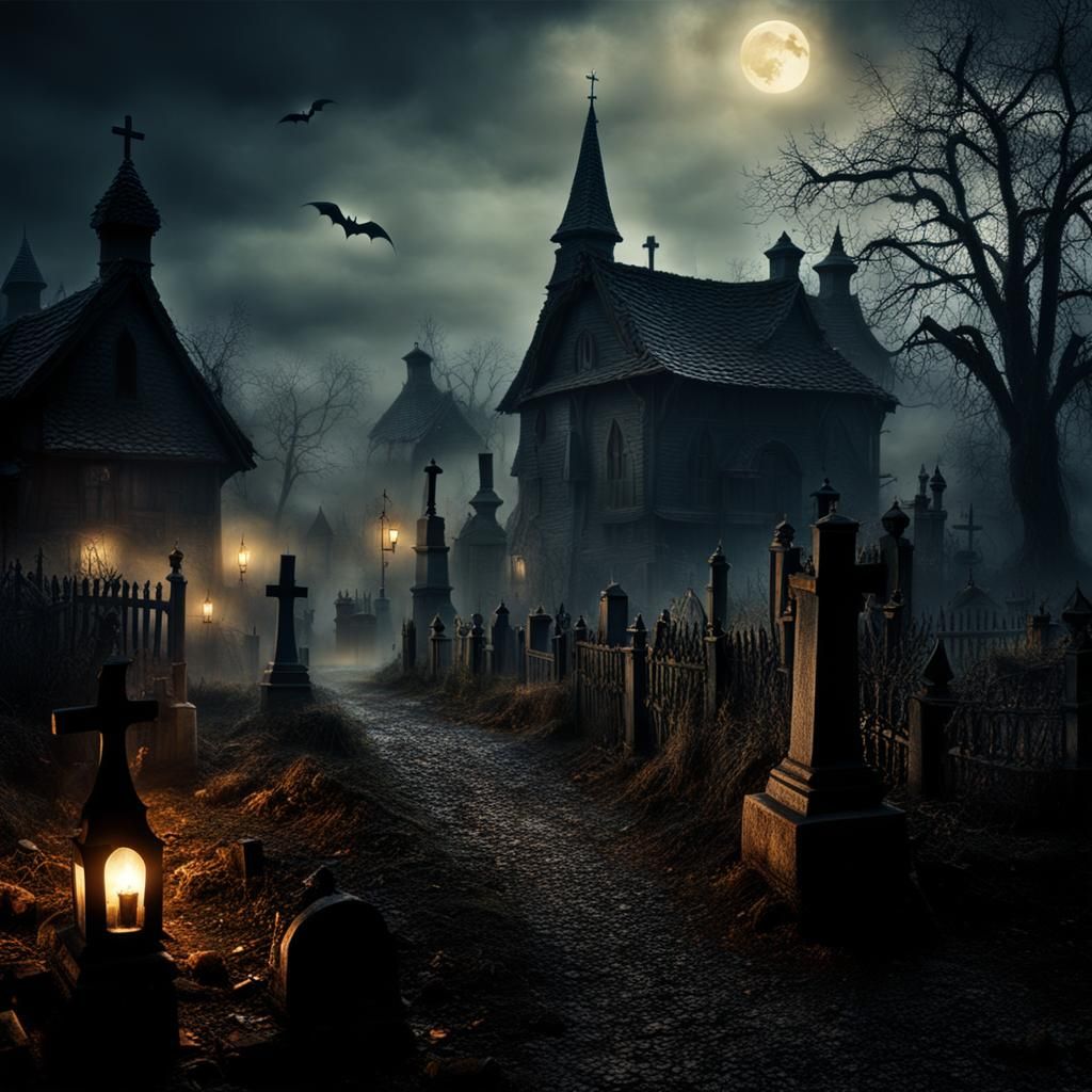 Haunted Gothic Village with Graves and Bats
