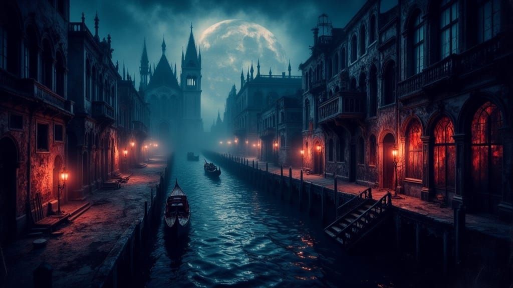Gothic Venice Canal Scene at Night