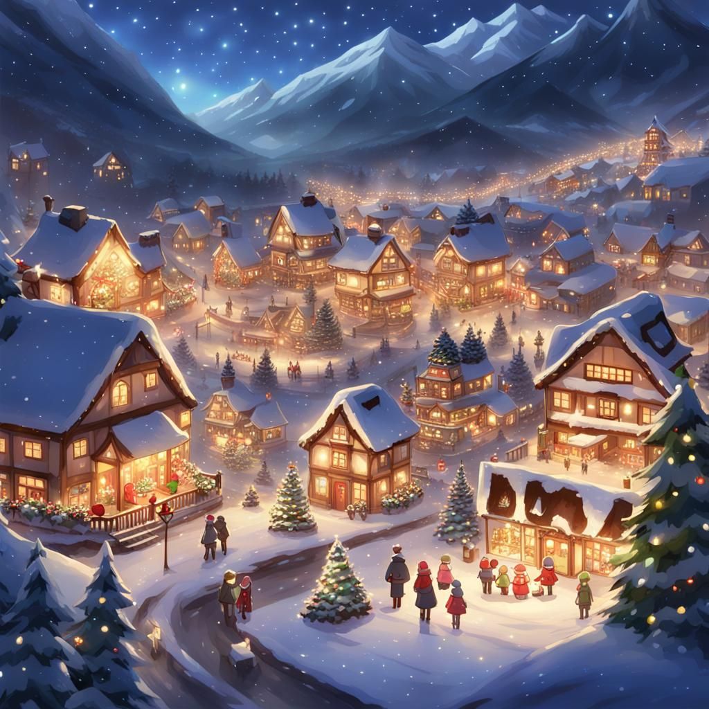 Cozy Christmas Village Square in Anime Style