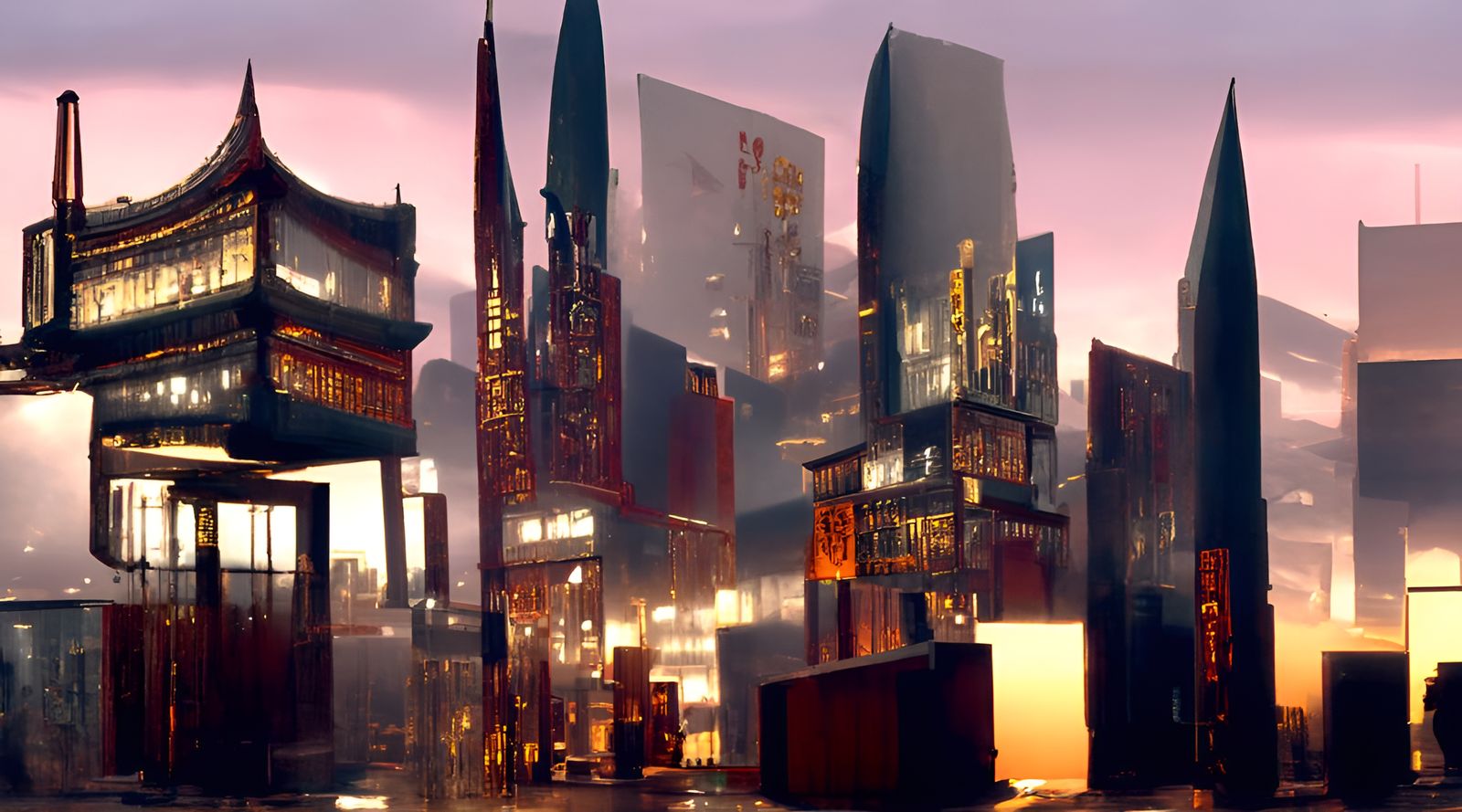 Dystopian Future Tokyo at Dusk in Acrylic Art Style