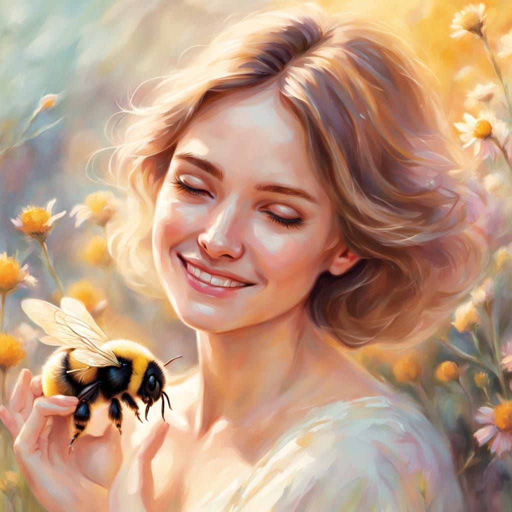 Woman Holds Bee in Whimsical Digital Art