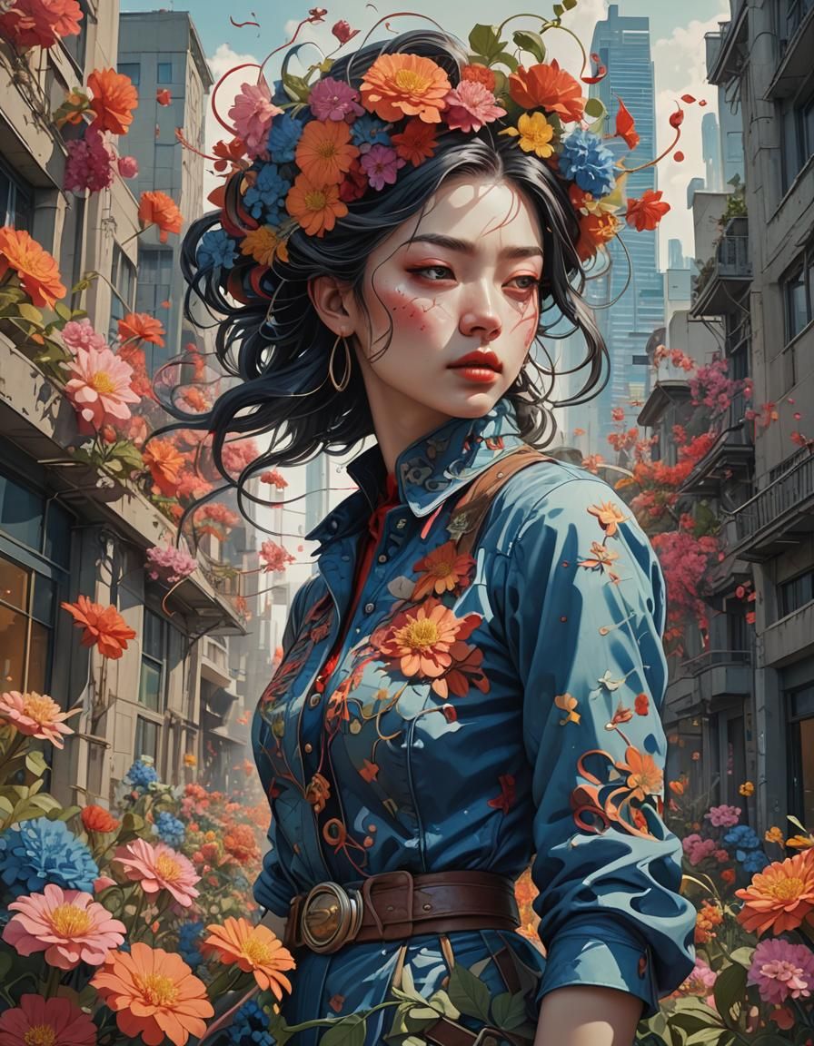 Surreal Cowboy Girl in Floral Chaos: Digital Art