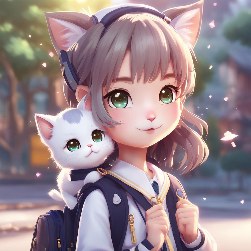 Cute Anime Kitten Girl Attends School in Whimsical Portrait