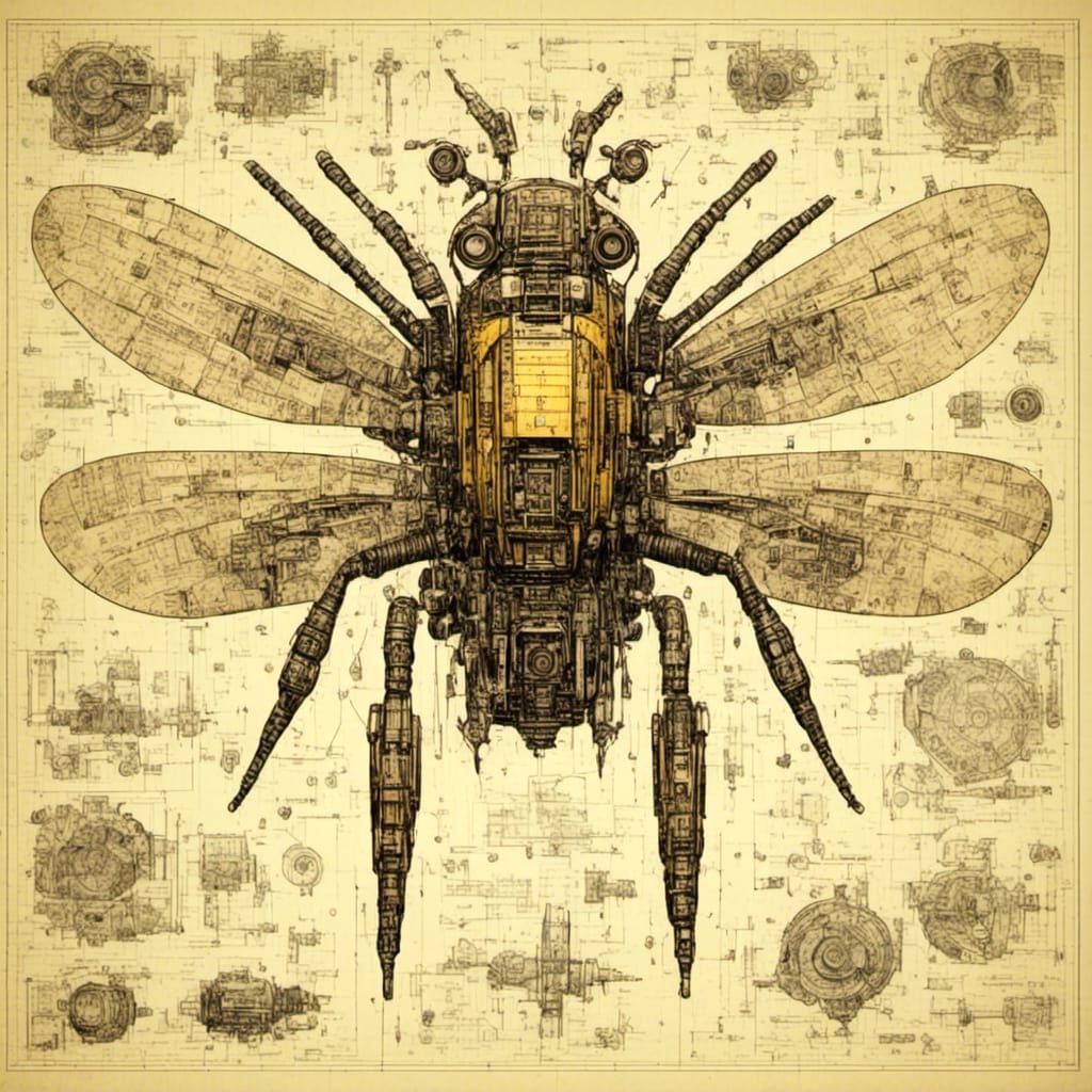 Robotic Hornet Blueprint on Parchment