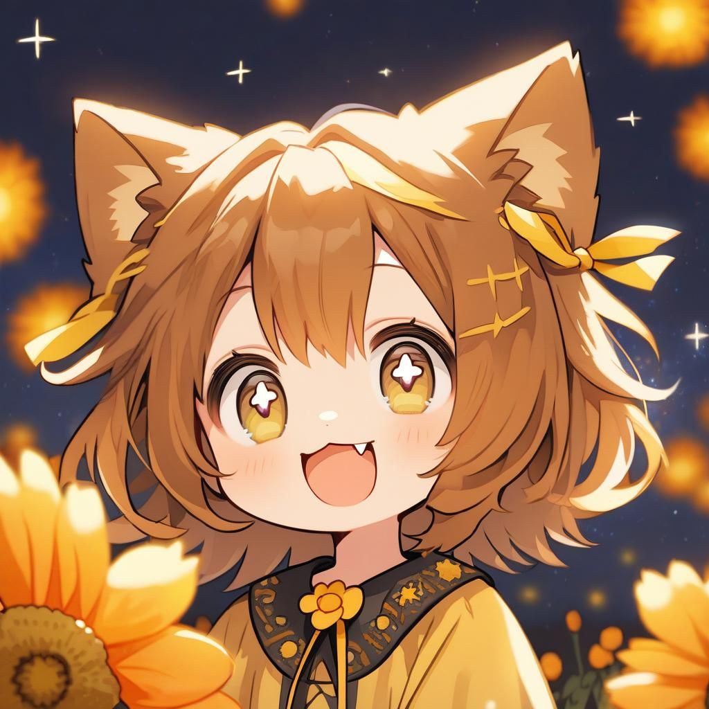 Adorable Chibi Catgirl with Marigolds and Starry Sky