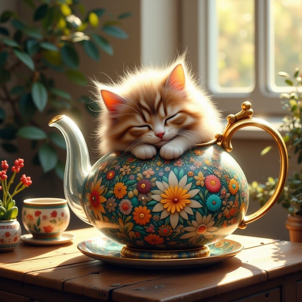 Kitten Asleep in Teapot: Dreamlike Fantasy Concept Art