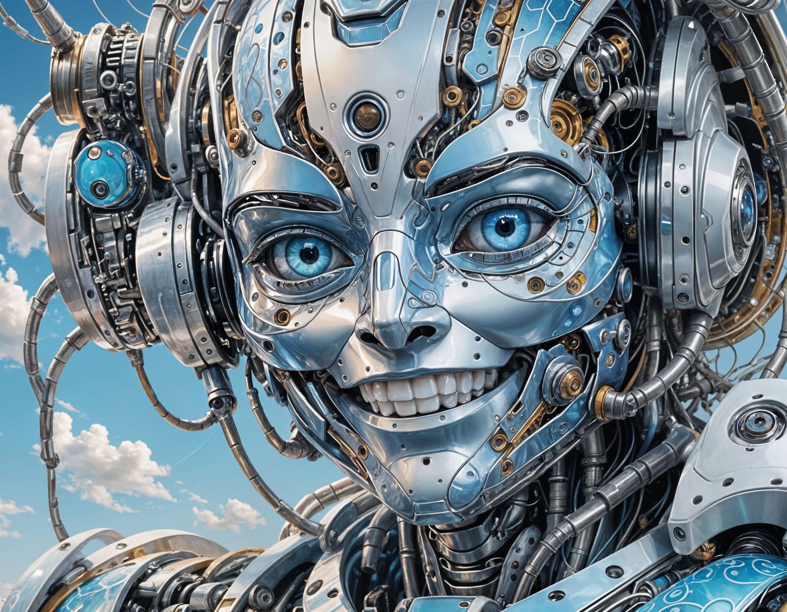 Ethereal Robot Eye Reflecting Blue Sky