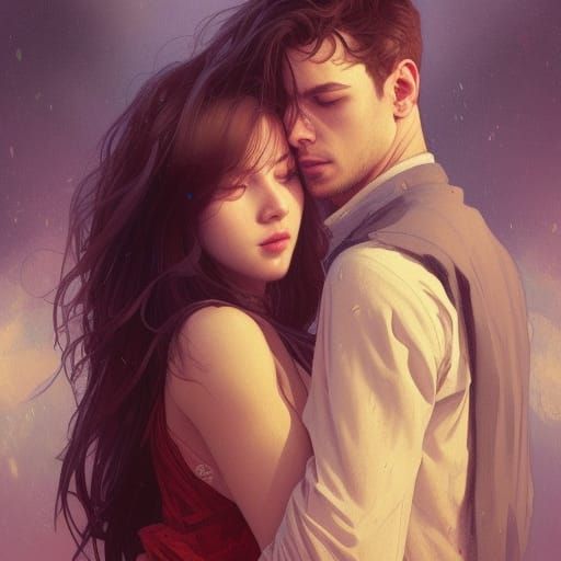 Hugging Couple Portrait in Detailed Digital Art