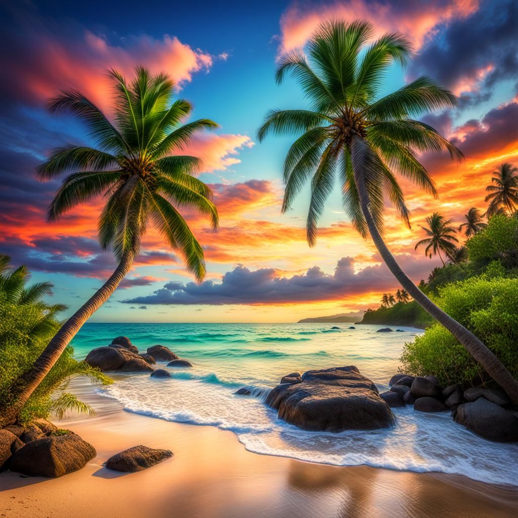 Hyperrealistic Tropical Beach with Palm Trees in HDR