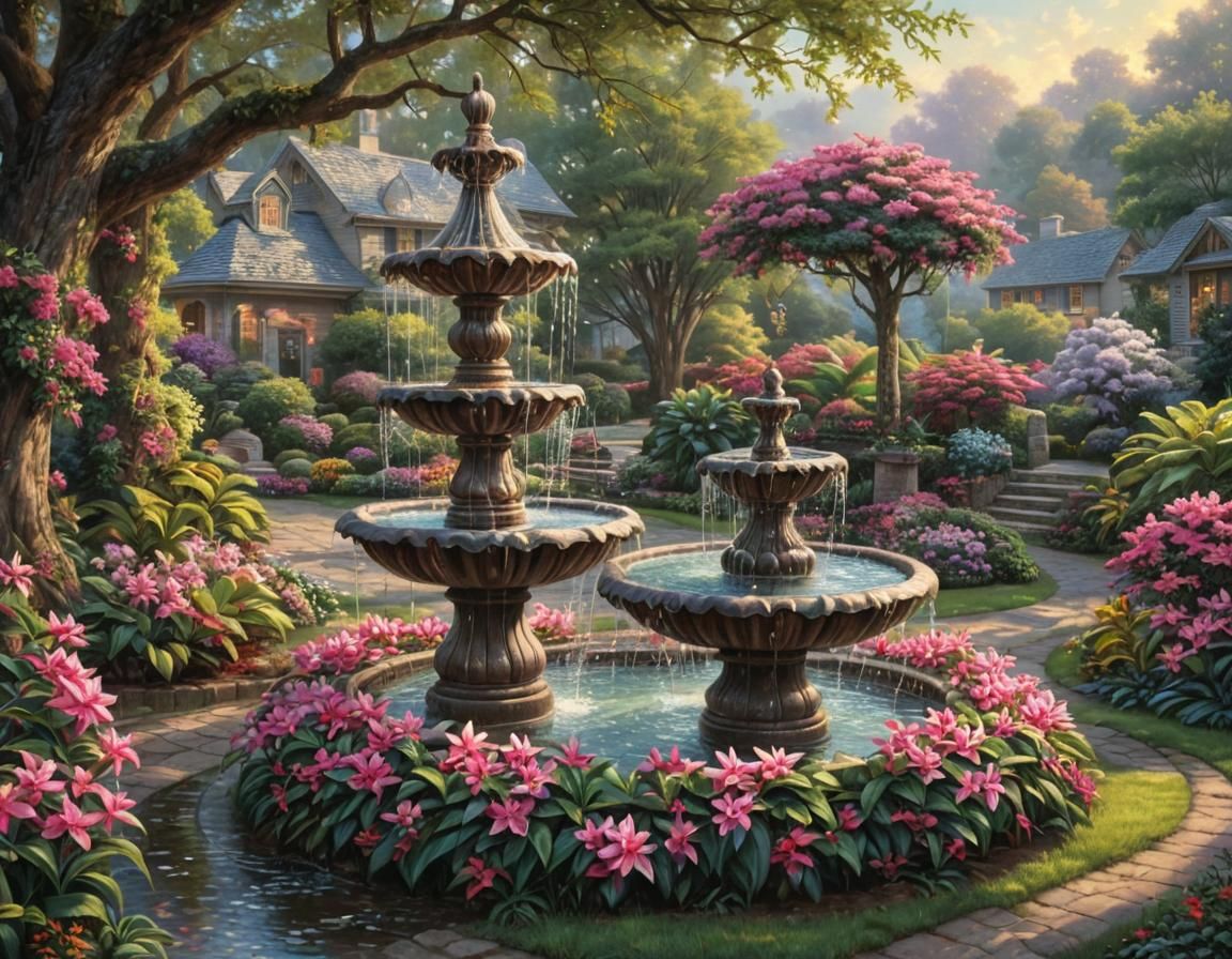 Fuchsia Flowers Flowing from Fantastic Fountain