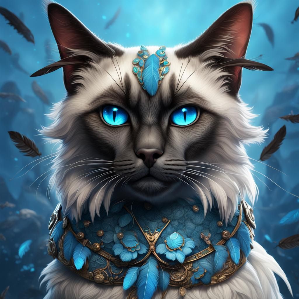 Siamese Cat with Blue Jay Feathers: Fantasy Art