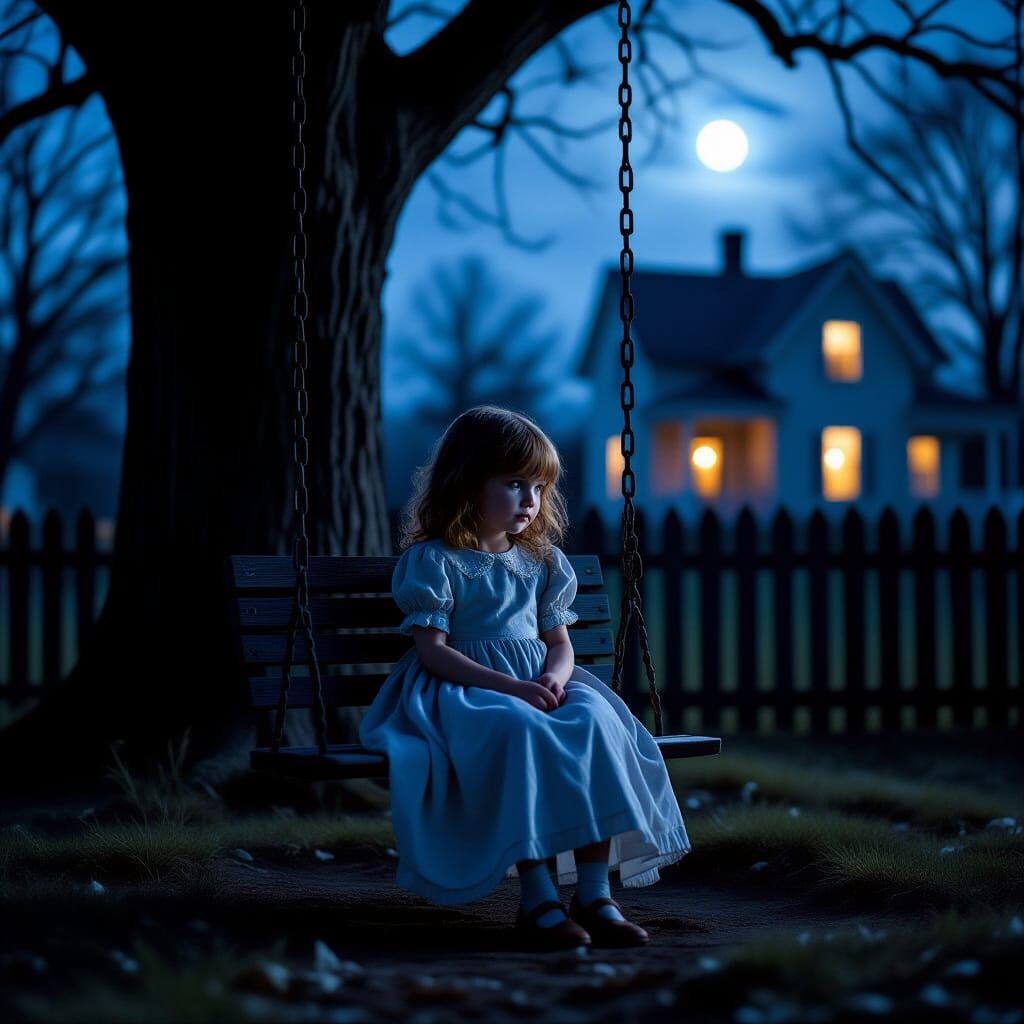 Ethereal Ghostchild on a Swing in Moody Lighting