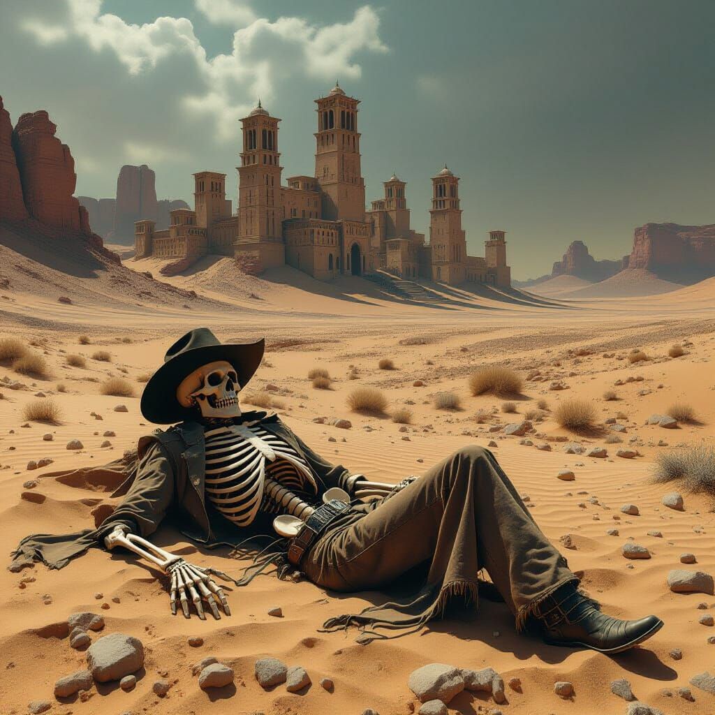 Ghost Town Skeleton in Desert Landscape, Hyperrealistic Styl...
