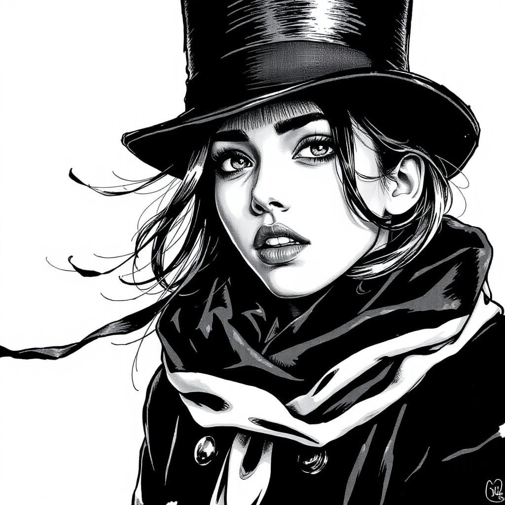 Teen Girl with Top Hat in Expressive Ink Portrait