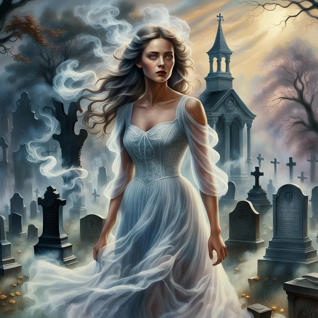 Ethereal Smoke: Ghostlike Woman in Haunted Graveyard