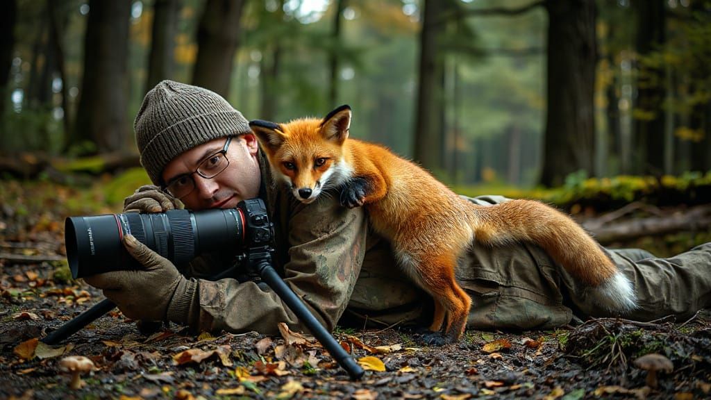 Wildlife Photographer with Fox Companion in Forest