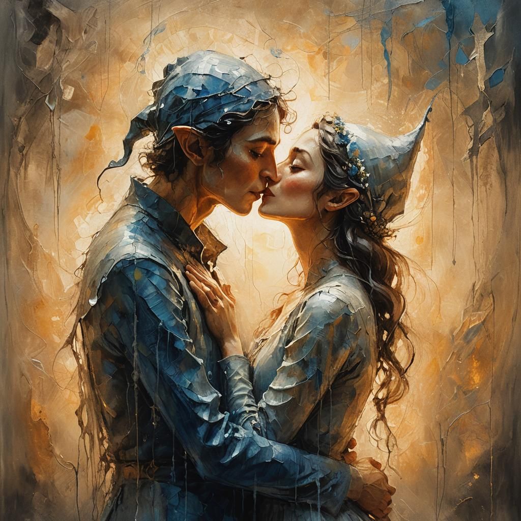 Elves Kiss in Monochromatic Expressionism