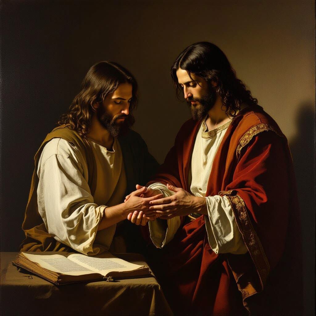 Jesus and Thomas: Touching Wounds in Dramatic Lighting