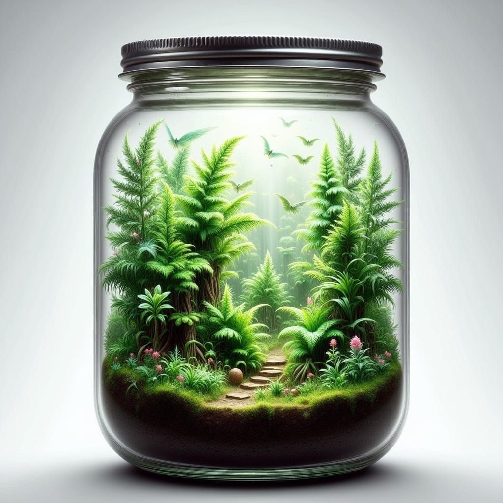 Fern Forest in Terrarium with Silver Edging
