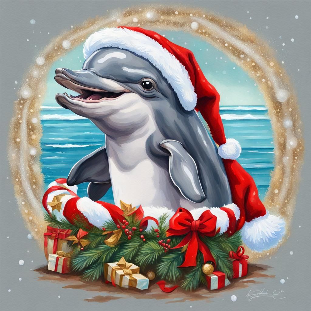 Baby Dolphin Celebrates Christmas: Gouache Painting