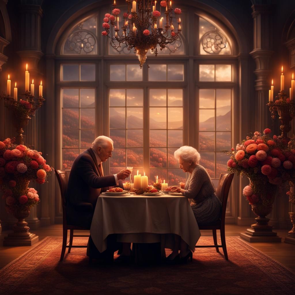 Romantic Candlelit Dinner: Elderly Couple in Digital Paintin...
