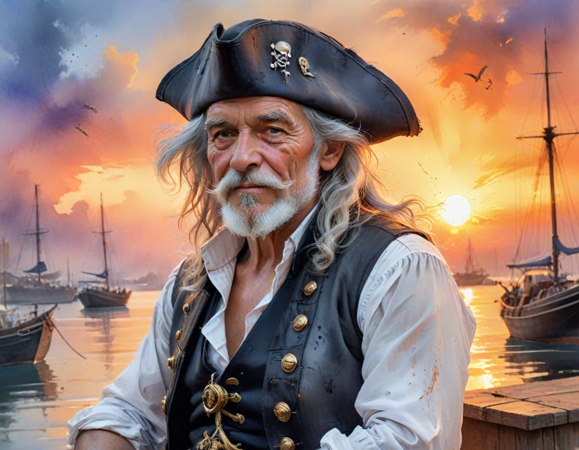 Pirate Captain Portrait with Sunset in Watercolour Style