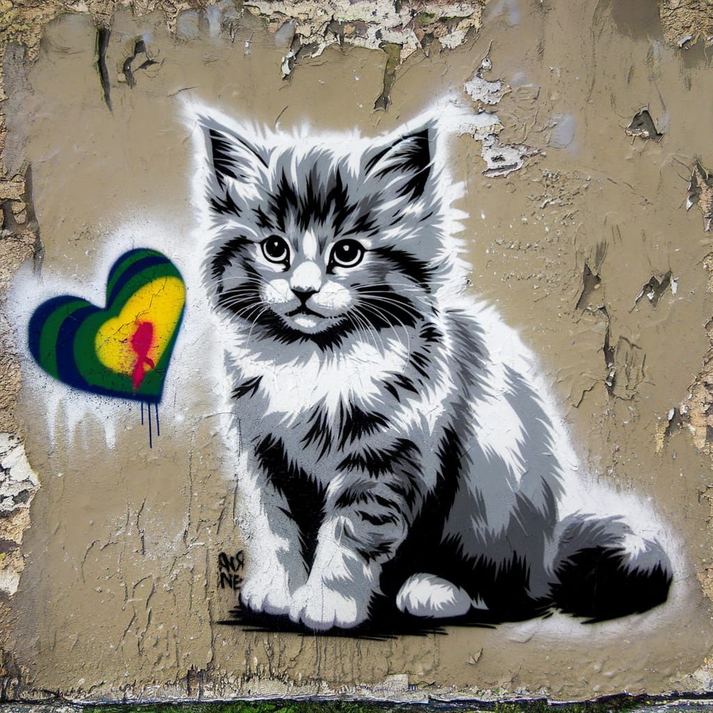 Anime-Inspired Graffiti of a Kitten with Heart