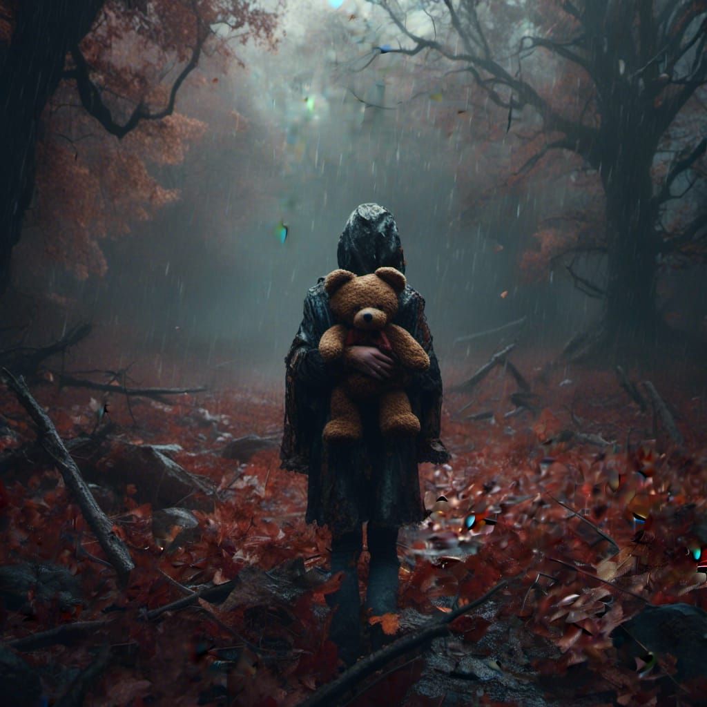 Macabre Forest Scene with Teddy Bear