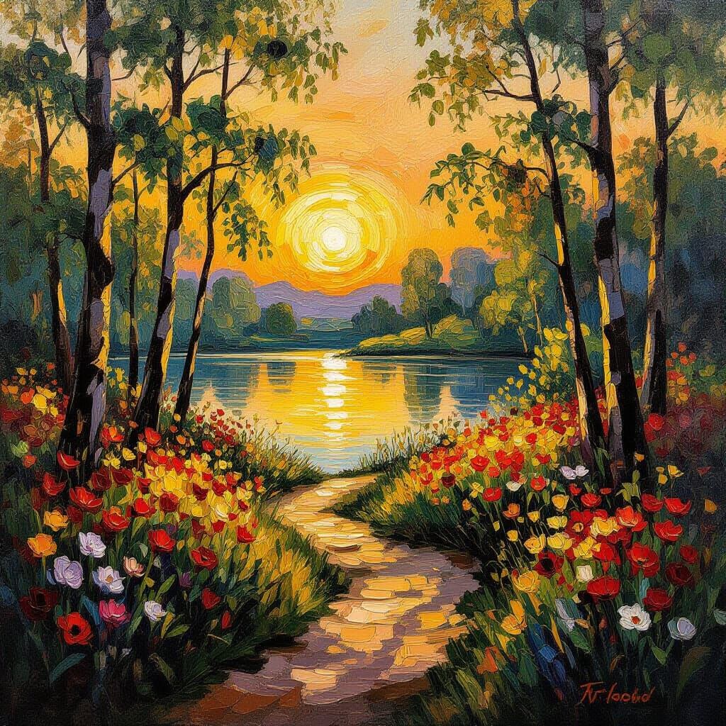 Peaceful Forest Path at Golden Hour Sunset Pond