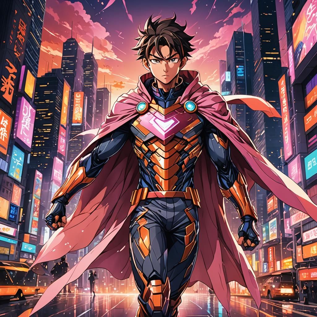 Anime Hero in Futuristic Cityscape at Sunset