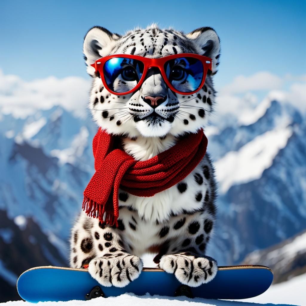 A cartoon snow leopard baby is standing on a snowboard, descending a beautiful mountain. Around his neck he wears a red ...