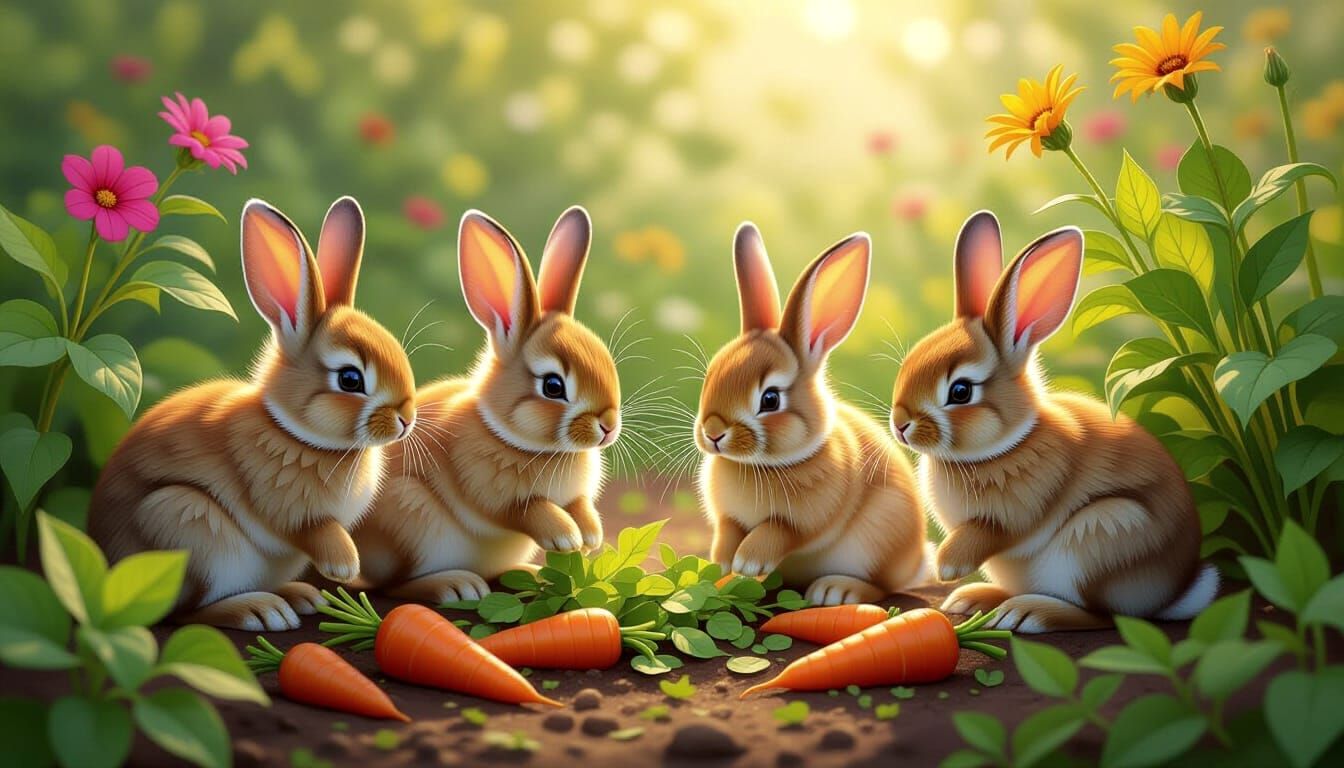 Cute Bunnies Munching in a Garden as Stained Glass Mosaic