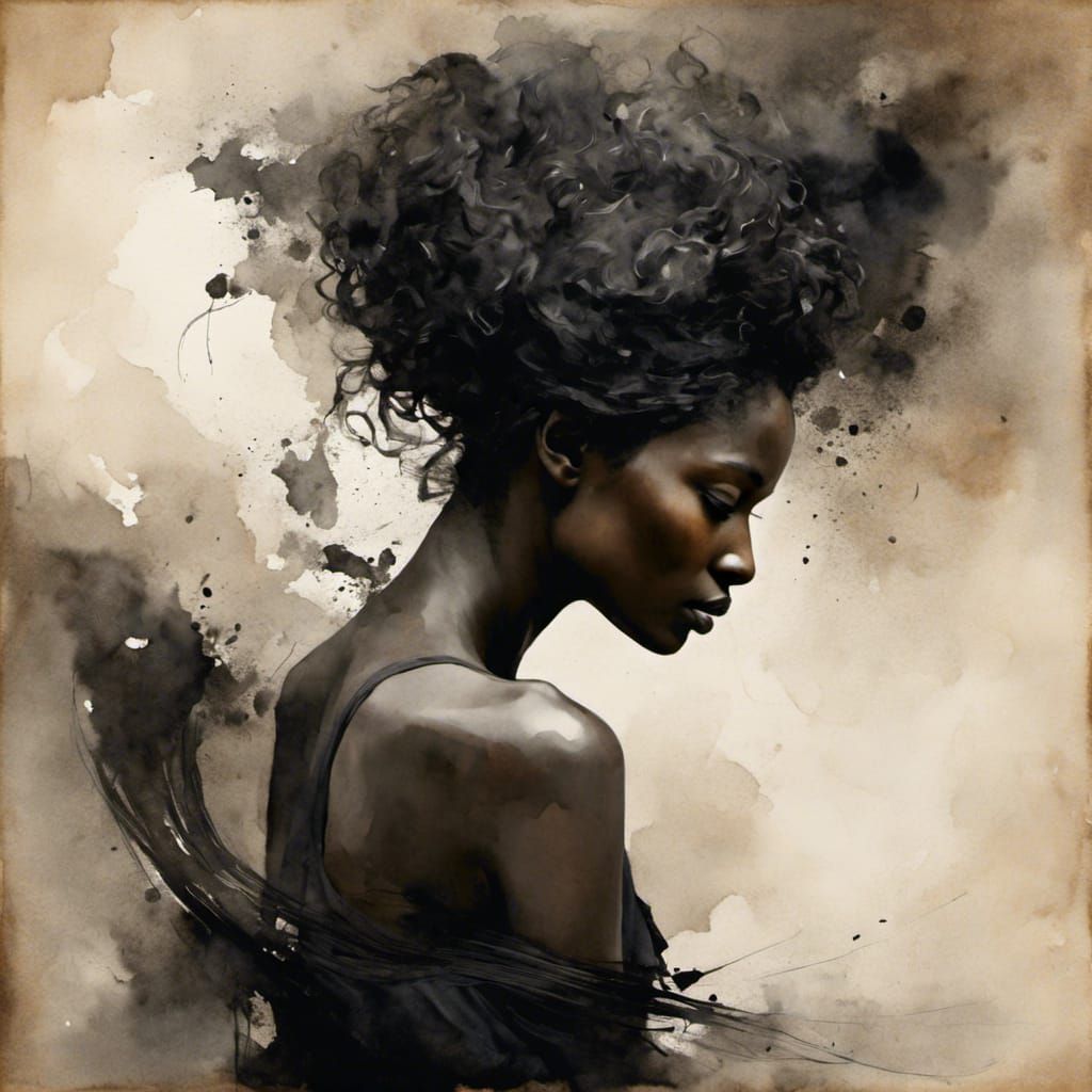 Ebonized Obsidian Woman: Digital Watercolor Portrait