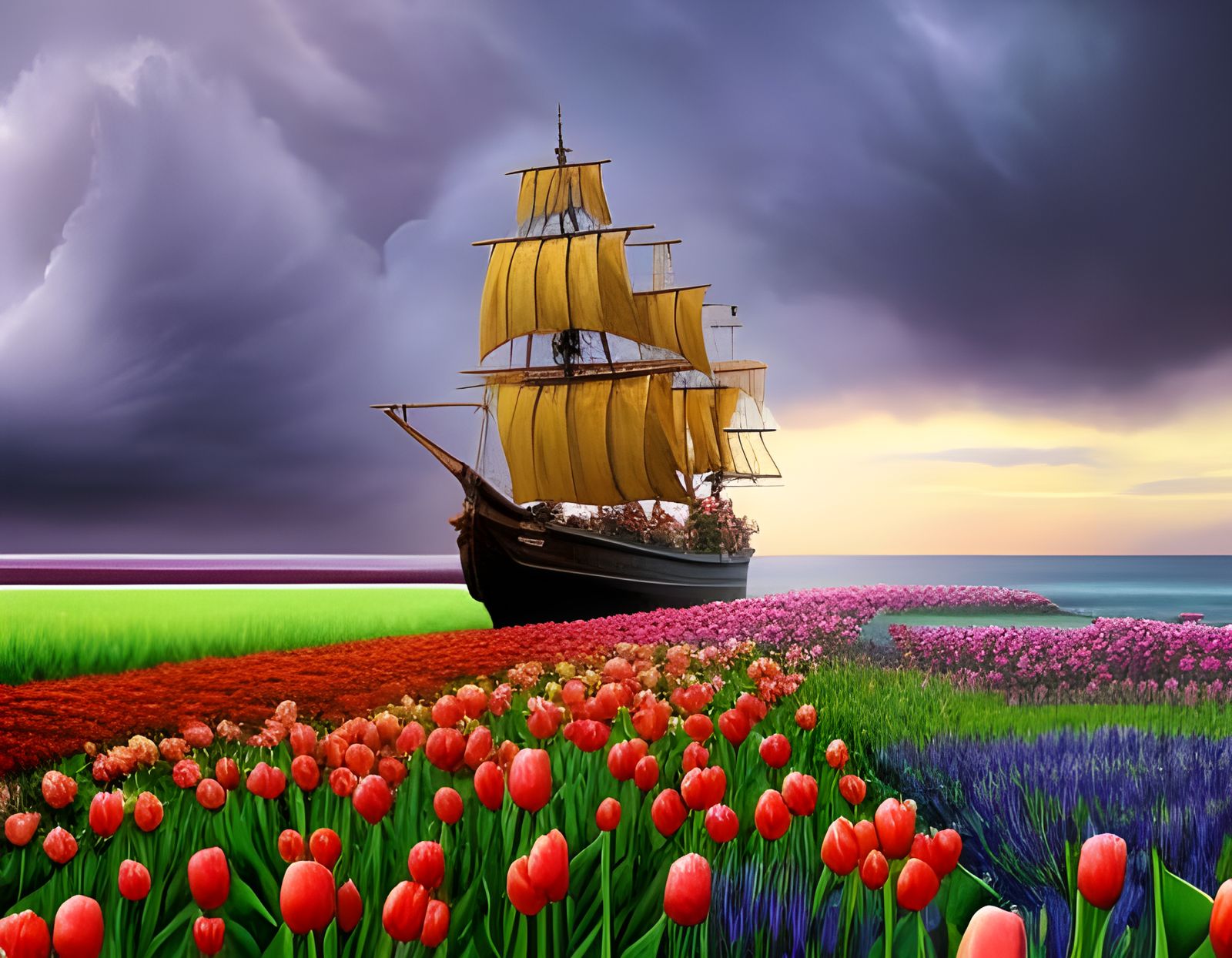 Pirate Ship Sails Tulip Sea: Dramatic Digital Painting