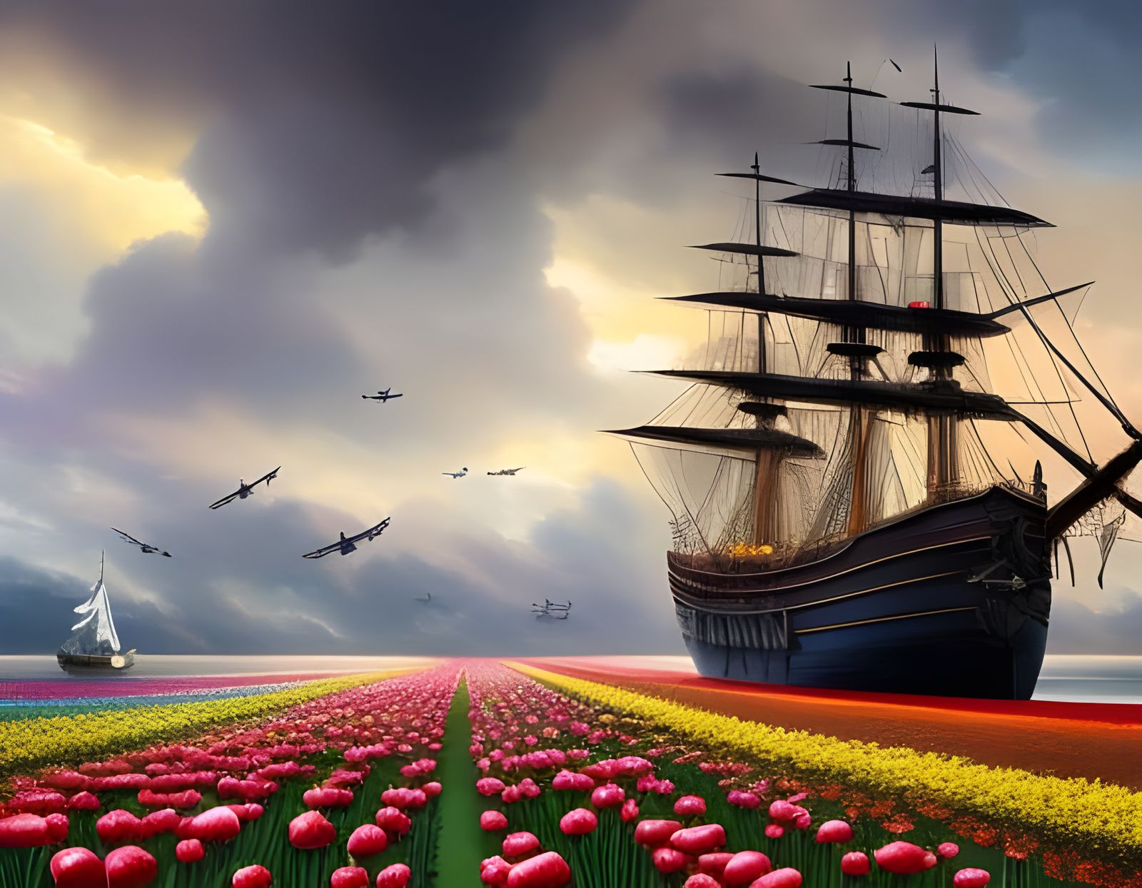 Pirate Ship Sails Tulip Sea: Dramatic Oil Painting