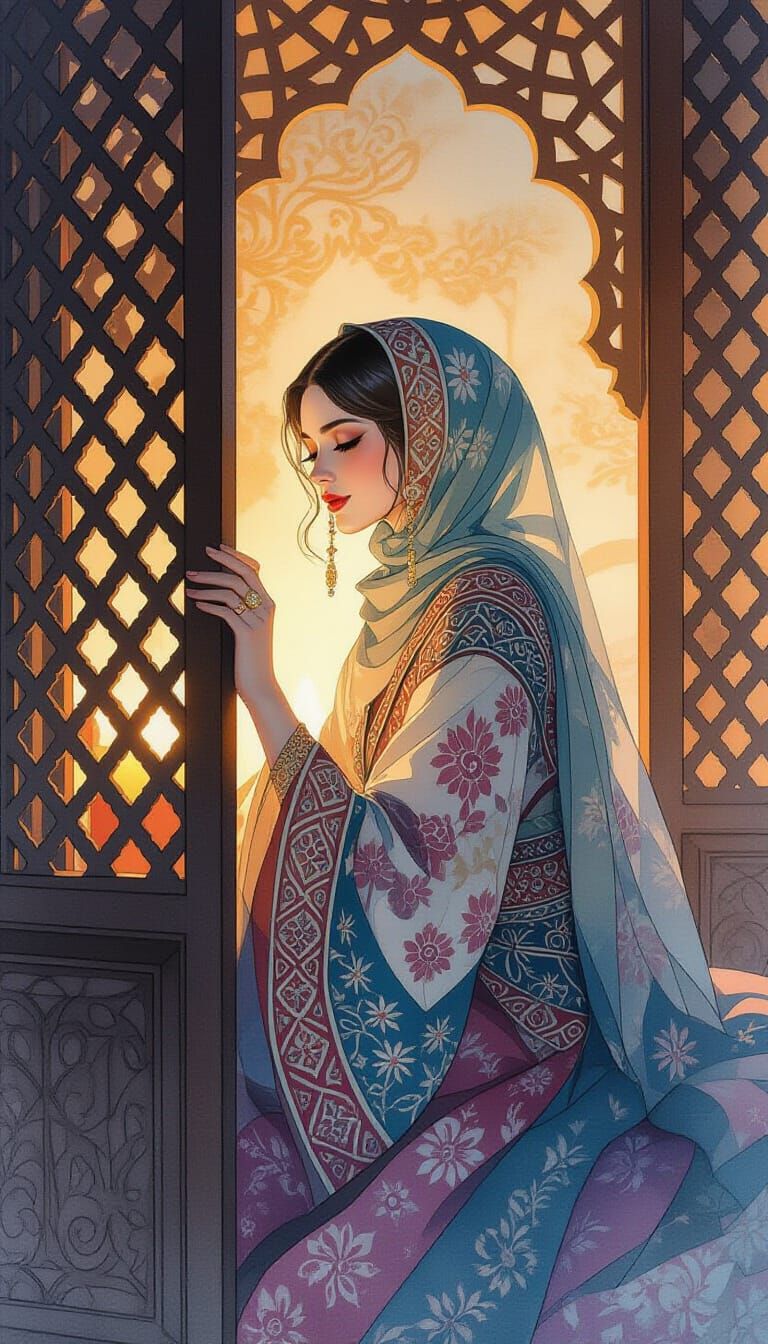 Beautiful Turkish Woman in Moody Watercolor Style