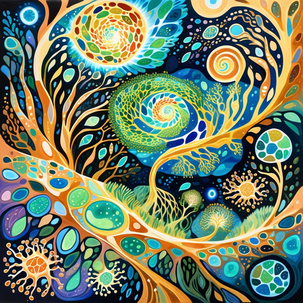 Dreamscapes of Cellular Harmony in Vibrant Gouache Style