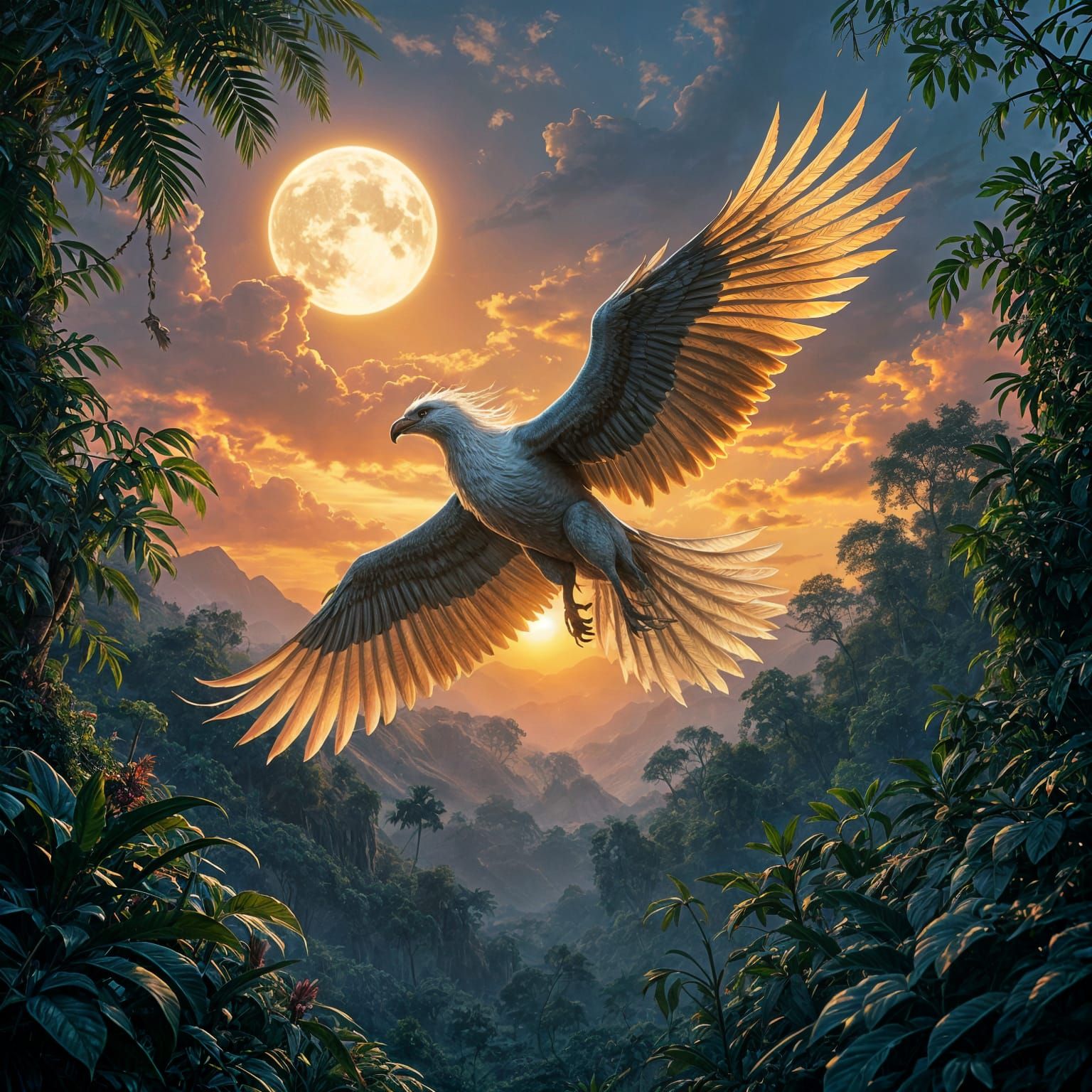 Griffin Flight Over Alien Jungle, Hyperrealistic Fantasy Art