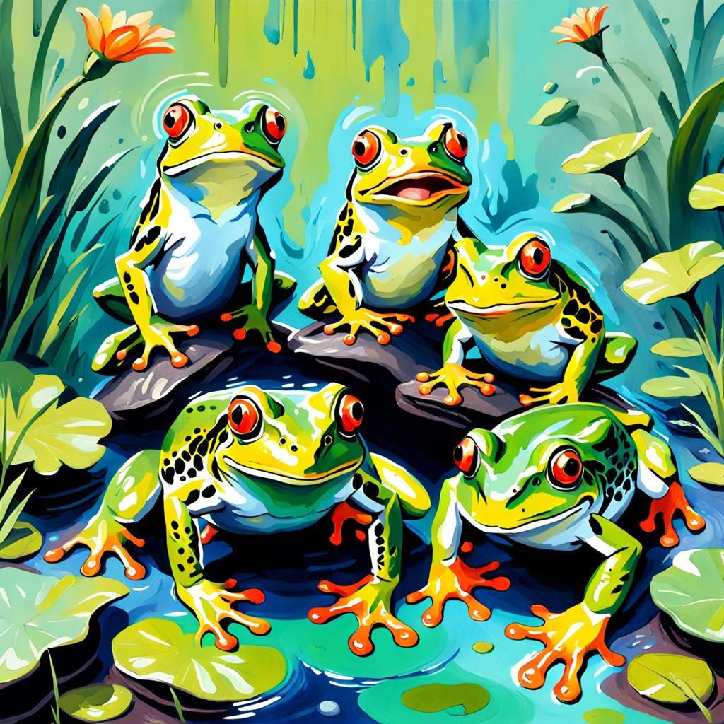 Frogs Leaping: An Impressionist Gouache Masterpiece